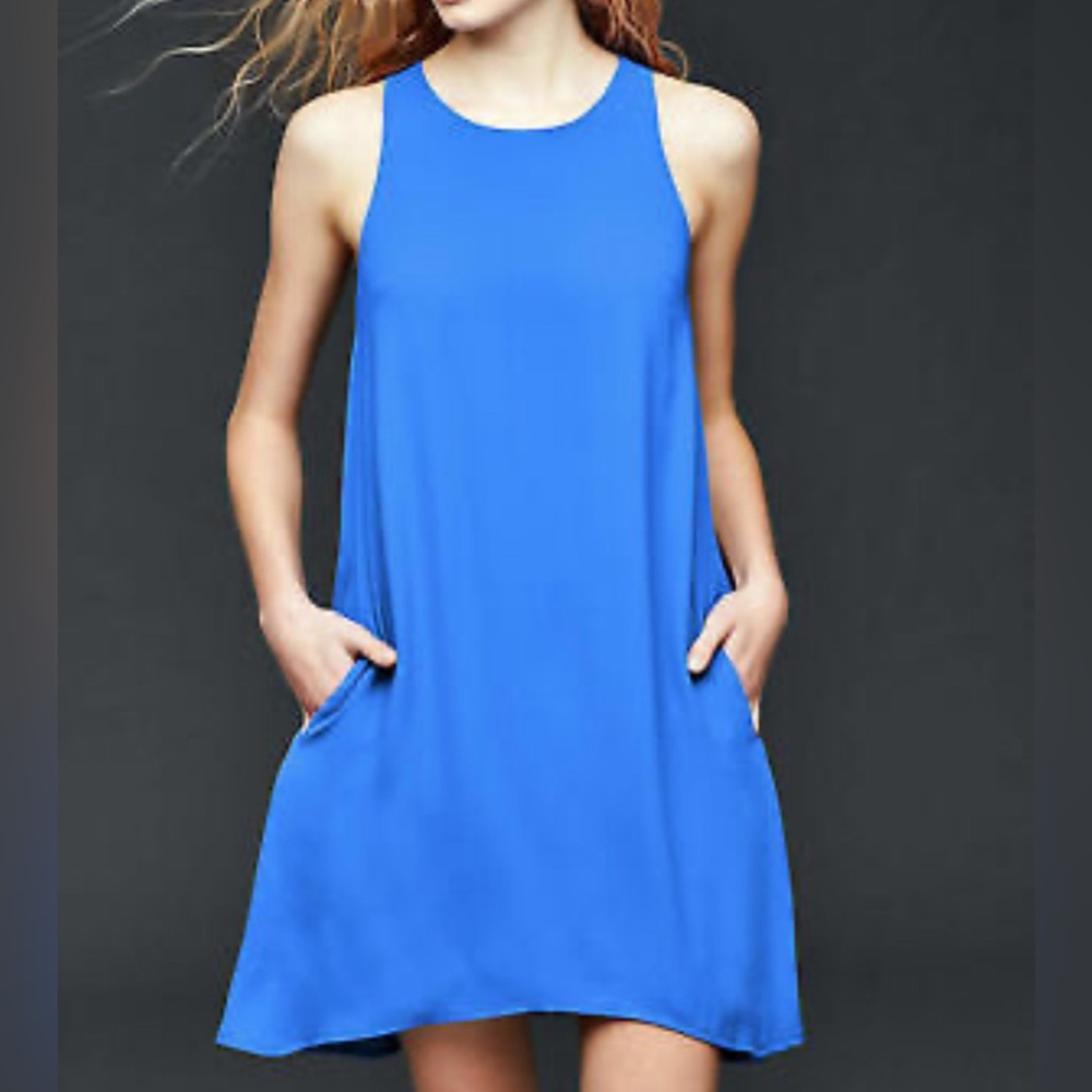 GAP Blue Halter Sleeveless Lined Midi Swing Dress with Pockets Medium